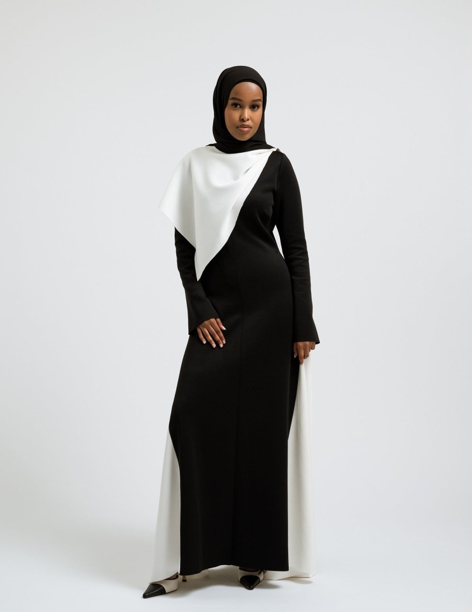 Elegant black and white modest Elara dress for formal wear
