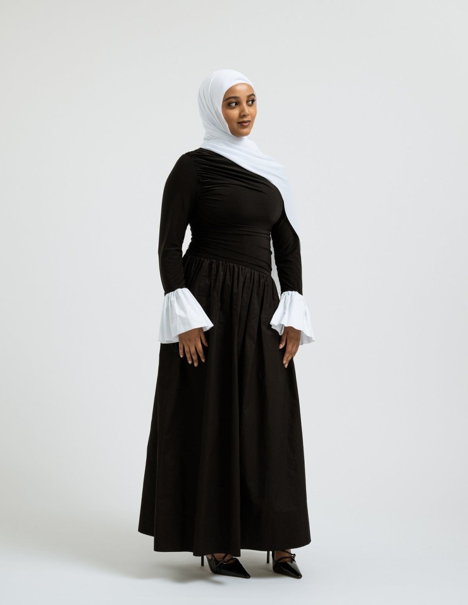 Elegant modest Luna dress with statement white cuffs - Leyannaco