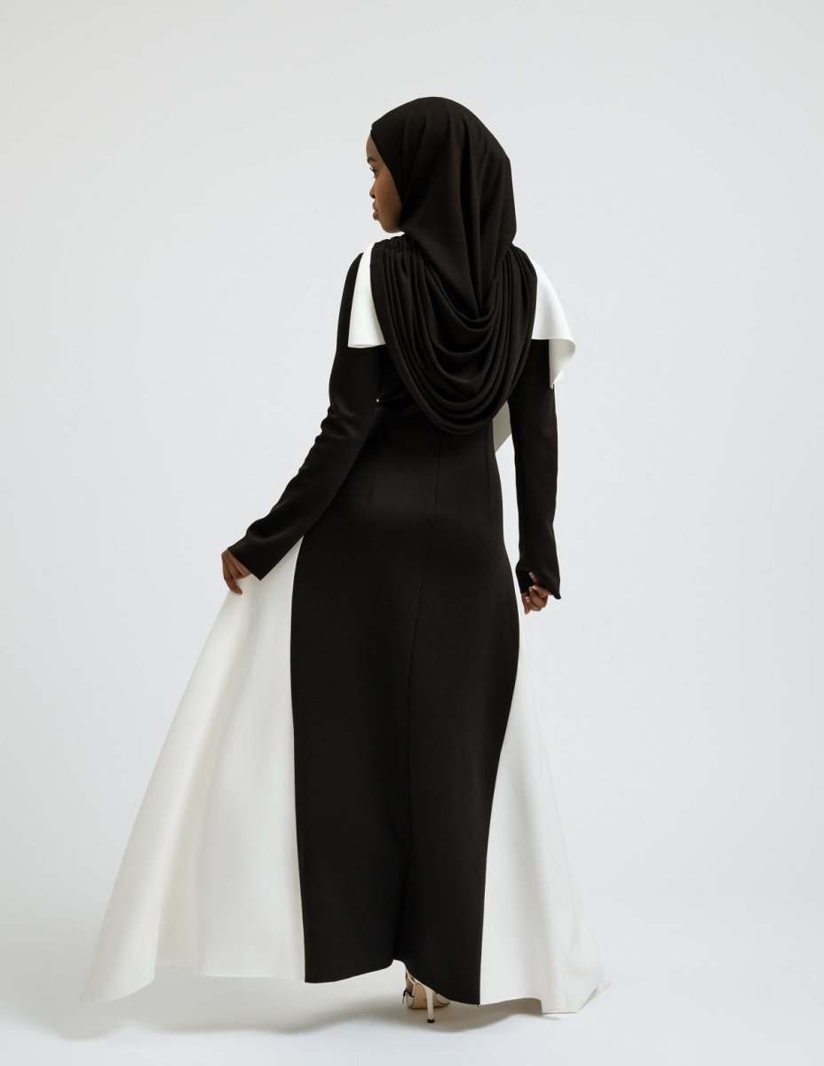 Off shoulder draped modest dress with flowing white panels- Leyannaco