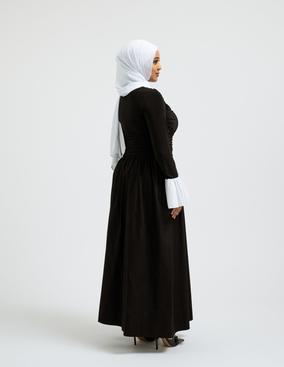 Asymmetrical waist elegant modest dress for women - Leyannaco